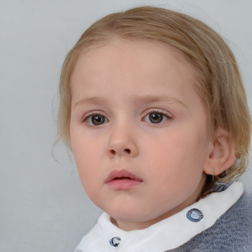 Neutral white child female with medium  brown hair and blue eyes