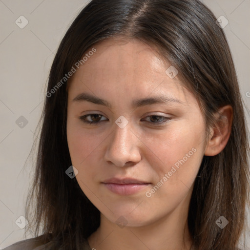 Neutral white young-adult female with long  brown hair and brown eyes