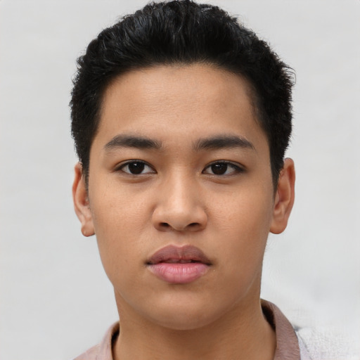 Neutral asian young-adult male with short  brown hair and brown eyes