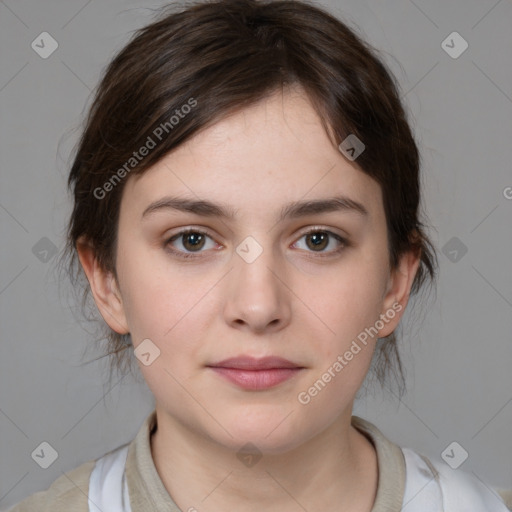 Neutral white young-adult female with medium  brown hair and brown eyes