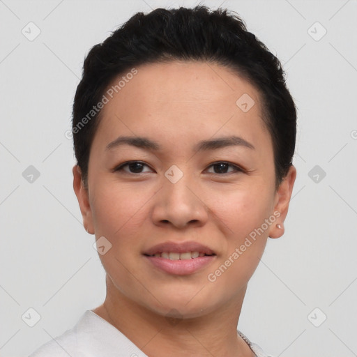 Joyful asian young-adult female with short  black hair and brown eyes