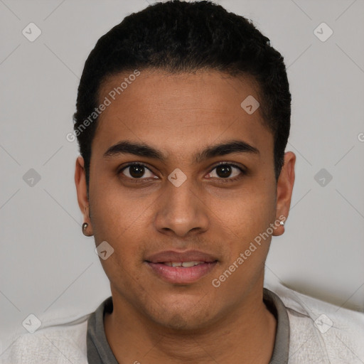 Joyful white young-adult male with short  black hair and brown eyes