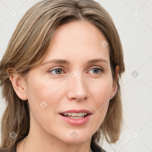 Joyful white young-adult female with medium  brown hair and blue eyes