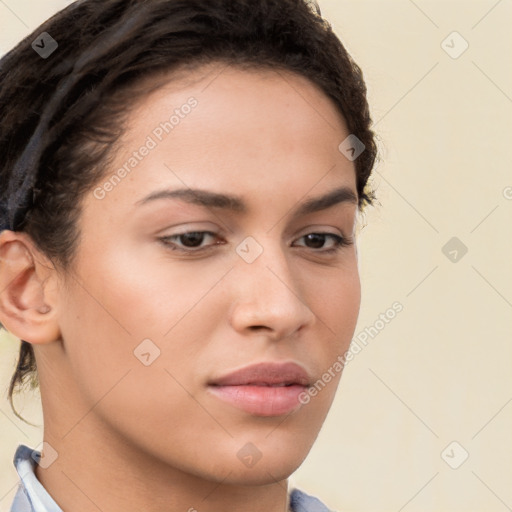 Neutral white young-adult female with short  brown hair and brown eyes