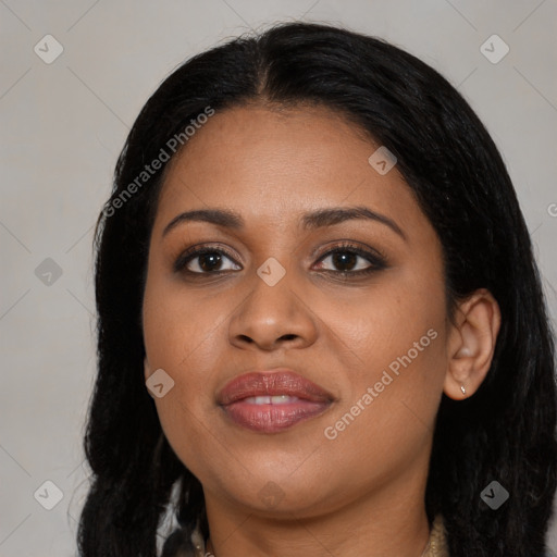 Joyful asian young-adult female with long  black hair and brown eyes
