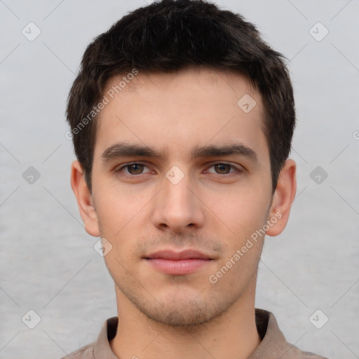 Neutral white young-adult male with short  brown hair and brown eyes