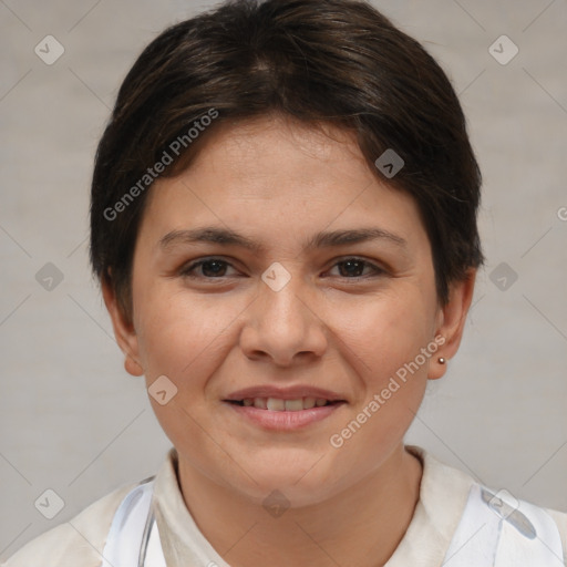 Joyful white young-adult female with short  brown hair and brown eyes