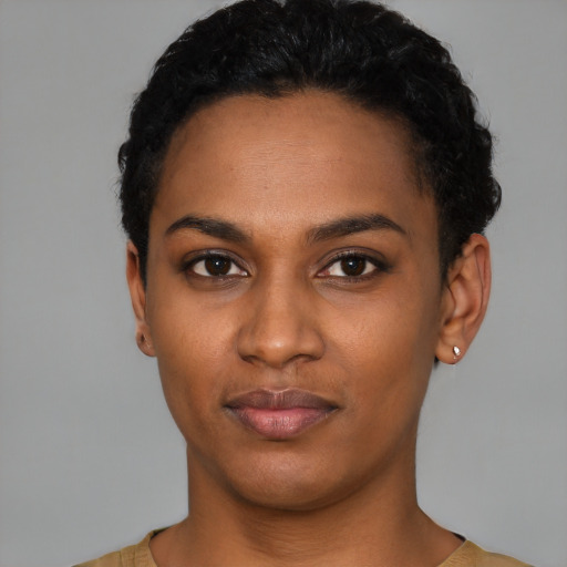 Neutral latino young-adult female with short  black hair and brown eyes