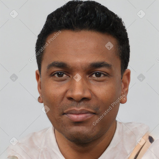 Neutral latino young-adult male with short  black hair and brown eyes