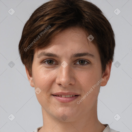 Joyful white young-adult female with short  brown hair and brown eyes