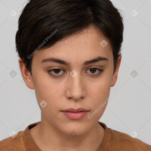 Neutral white young-adult female with short  brown hair and brown eyes