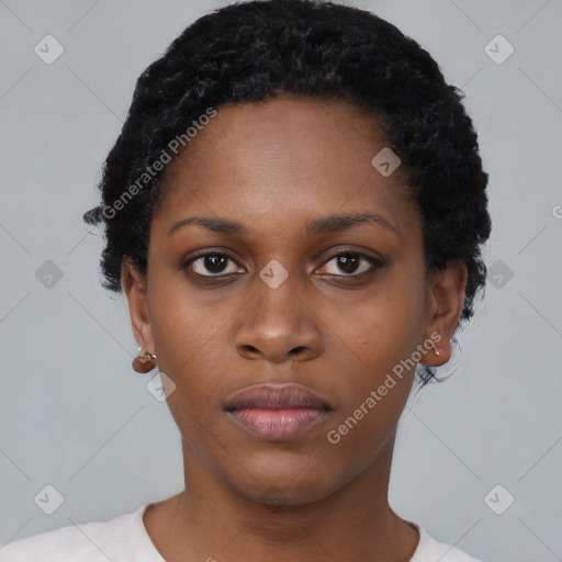 Neutral black young-adult female with short  black hair and brown eyes