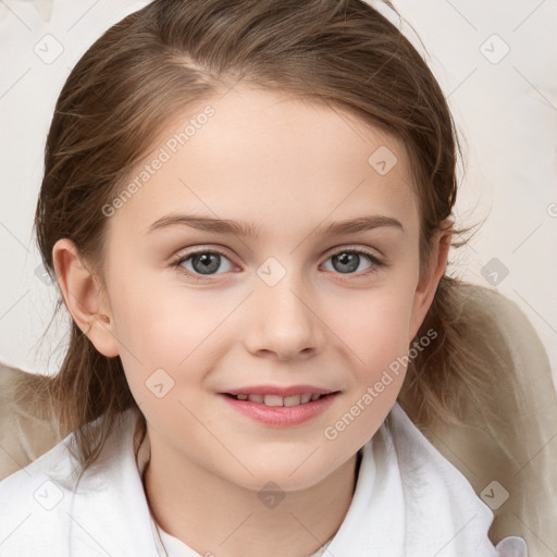 Joyful white child female with medium  brown hair and blue eyes