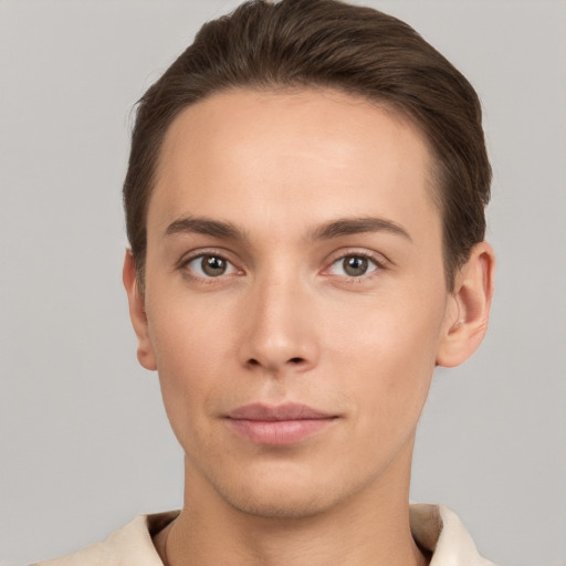 Neutral white young-adult male with short  brown hair and brown eyes