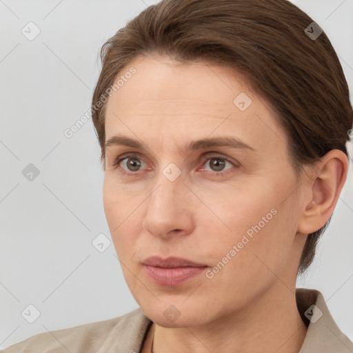 Neutral white young-adult female with short  brown hair and brown eyes