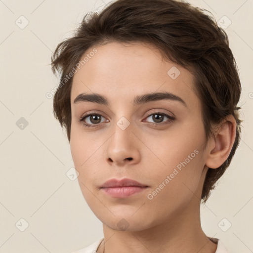 Neutral white young-adult female with short  brown hair and brown eyes