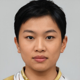 Neutral asian young-adult female with short  black hair and brown eyes