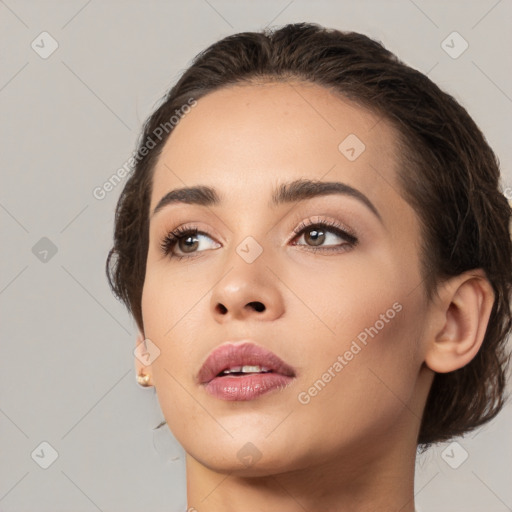 Neutral white young-adult female with medium  brown hair and brown eyes