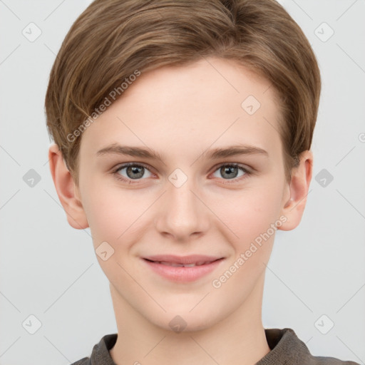 Joyful white young-adult female with short  brown hair and grey eyes