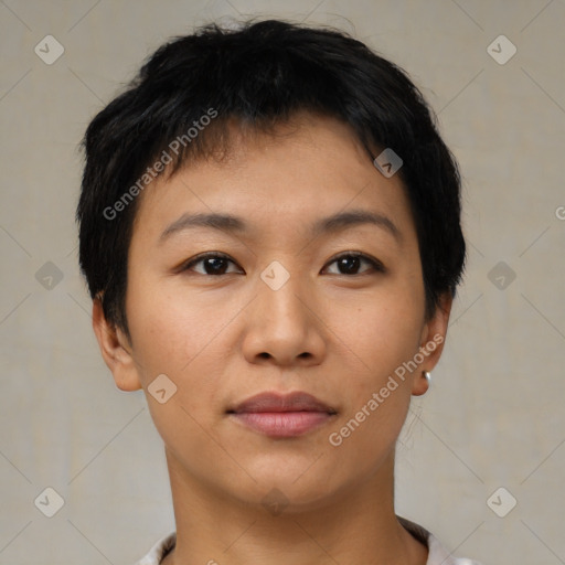 Joyful latino young-adult female with short  brown hair and brown eyes