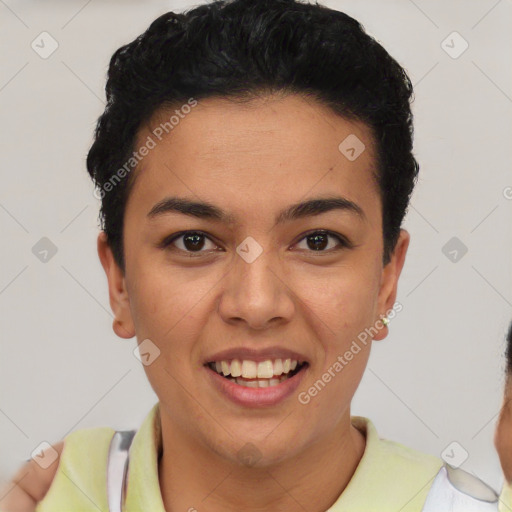 Joyful latino young-adult female with short  black hair and brown eyes