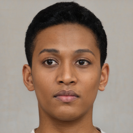 Neutral black young-adult female with short  brown hair and brown eyes