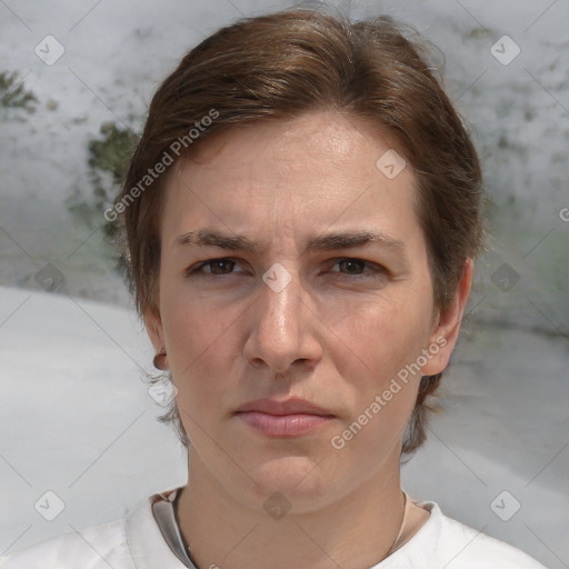 Joyful white adult female with short  brown hair and brown eyes