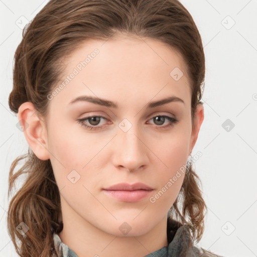 Neutral white young-adult female with medium  brown hair and grey eyes