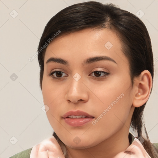 Neutral white young-adult female with medium  brown hair and brown eyes