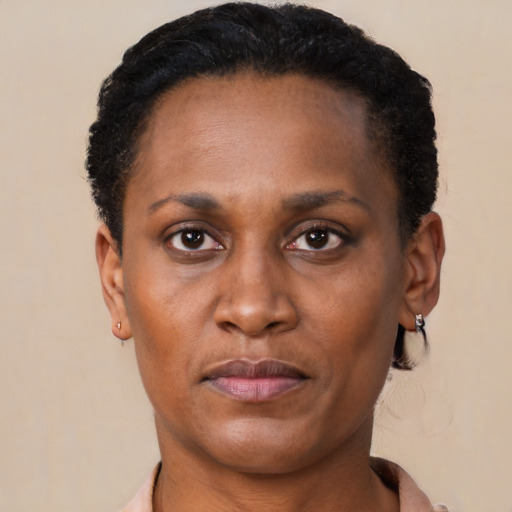 Joyful black adult female with short  black hair and brown eyes