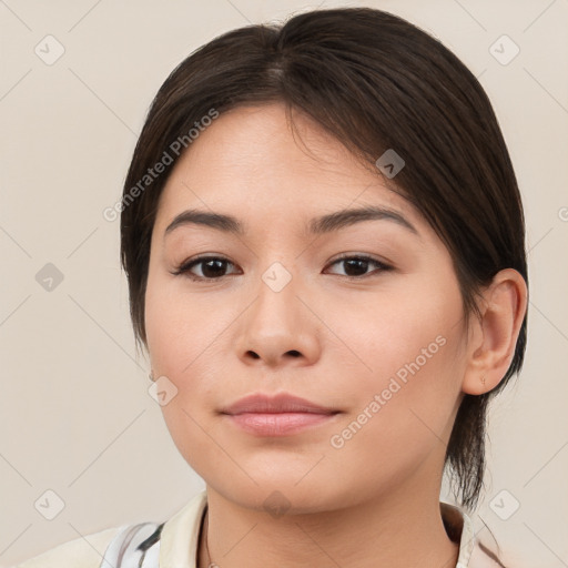 Neutral white young-adult female with medium  brown hair and brown eyes