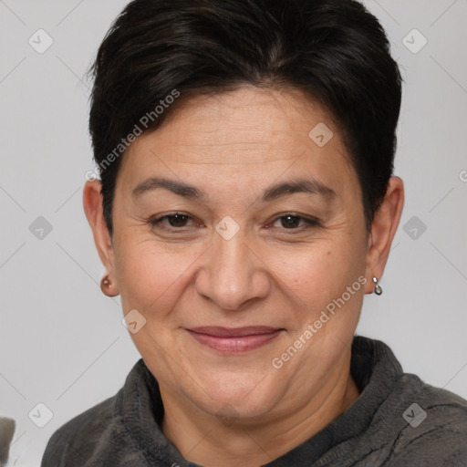 Joyful white adult female with short  brown hair and brown eyes