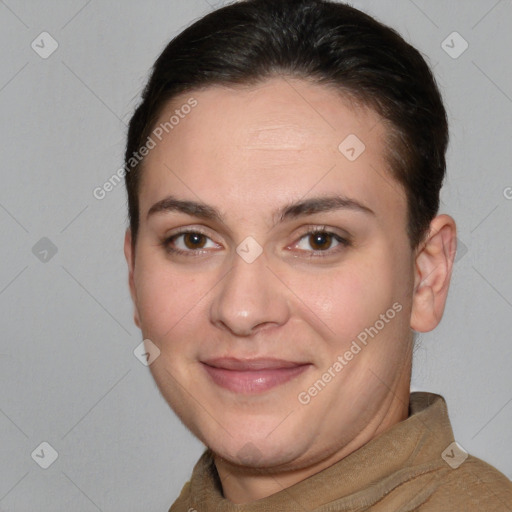 Joyful white young-adult female with short  brown hair and brown eyes