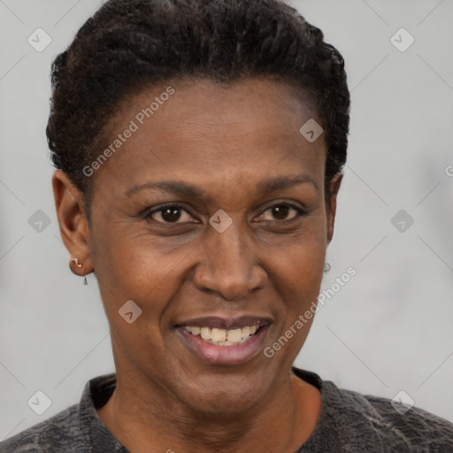 Joyful black adult female with short  brown hair and brown eyes