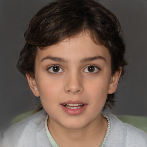 Joyful white child female with medium  brown hair and brown eyes