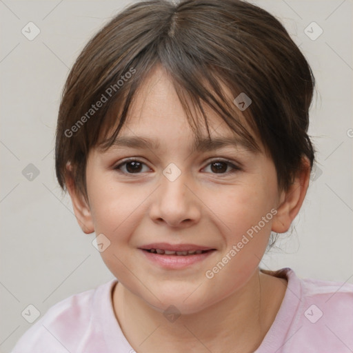 Joyful white child female with medium  brown hair and brown eyes