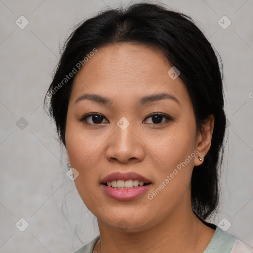 Joyful asian young-adult female with medium  brown hair and brown eyes