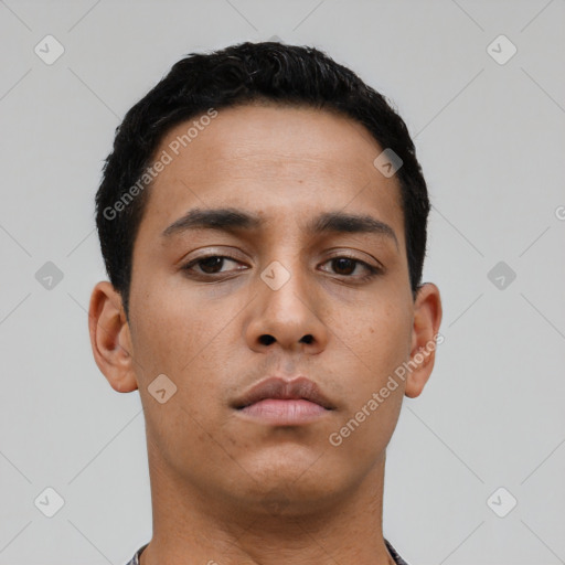 Neutral latino young-adult male with short  black hair and brown eyes