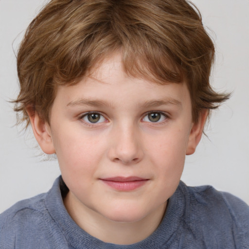 Joyful white child female with medium  brown hair and blue eyes