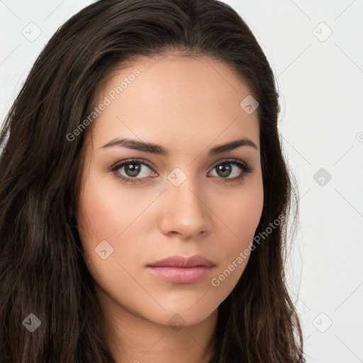 Neutral white young-adult female with long  brown hair and brown eyes