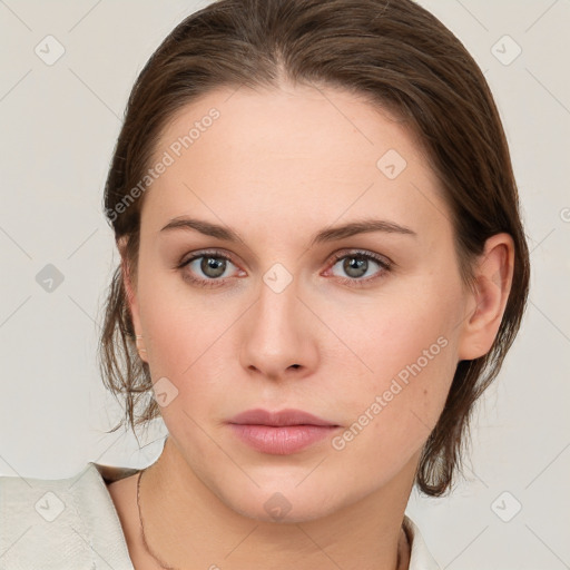 Neutral white young-adult female with medium  brown hair and grey eyes