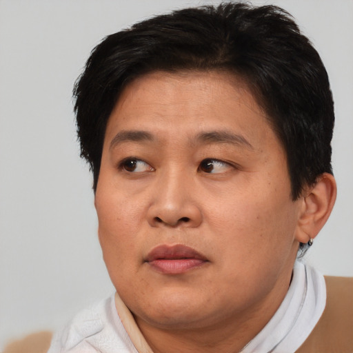 Neutral asian adult male with short  brown hair and brown eyes