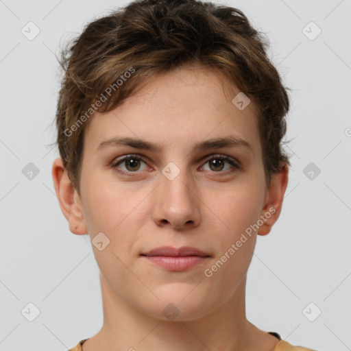 Neutral white young-adult female with short  brown hair and brown eyes