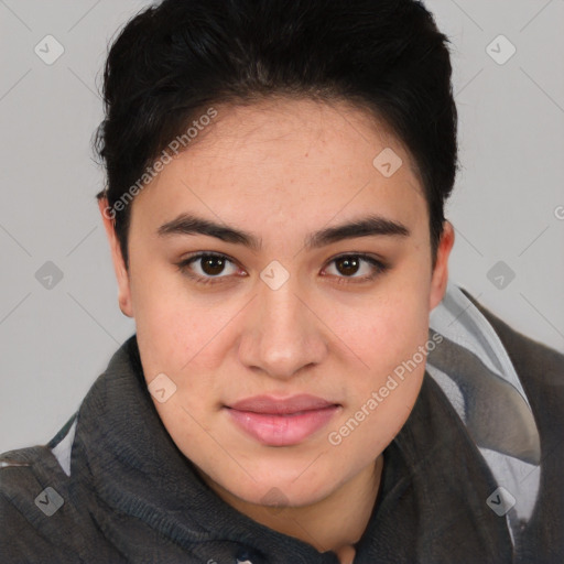 Joyful white young-adult female with short  brown hair and brown eyes