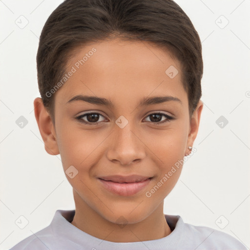 Joyful white child female with short  brown hair and brown eyes