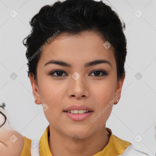 Joyful asian young-adult female with short  brown hair and brown eyes