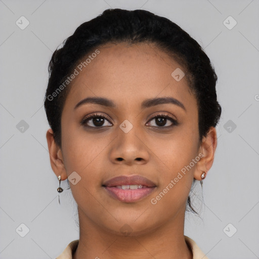 Joyful latino young-adult female with short  black hair and brown eyes