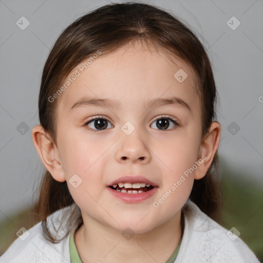 Joyful white child female with medium  brown hair and brown eyes