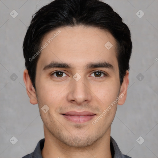 Joyful white young-adult male with short  brown hair and brown eyes