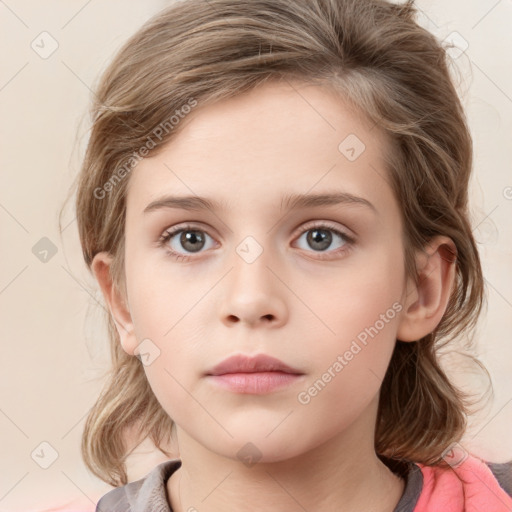 Neutral white child female with medium  brown hair and grey eyes